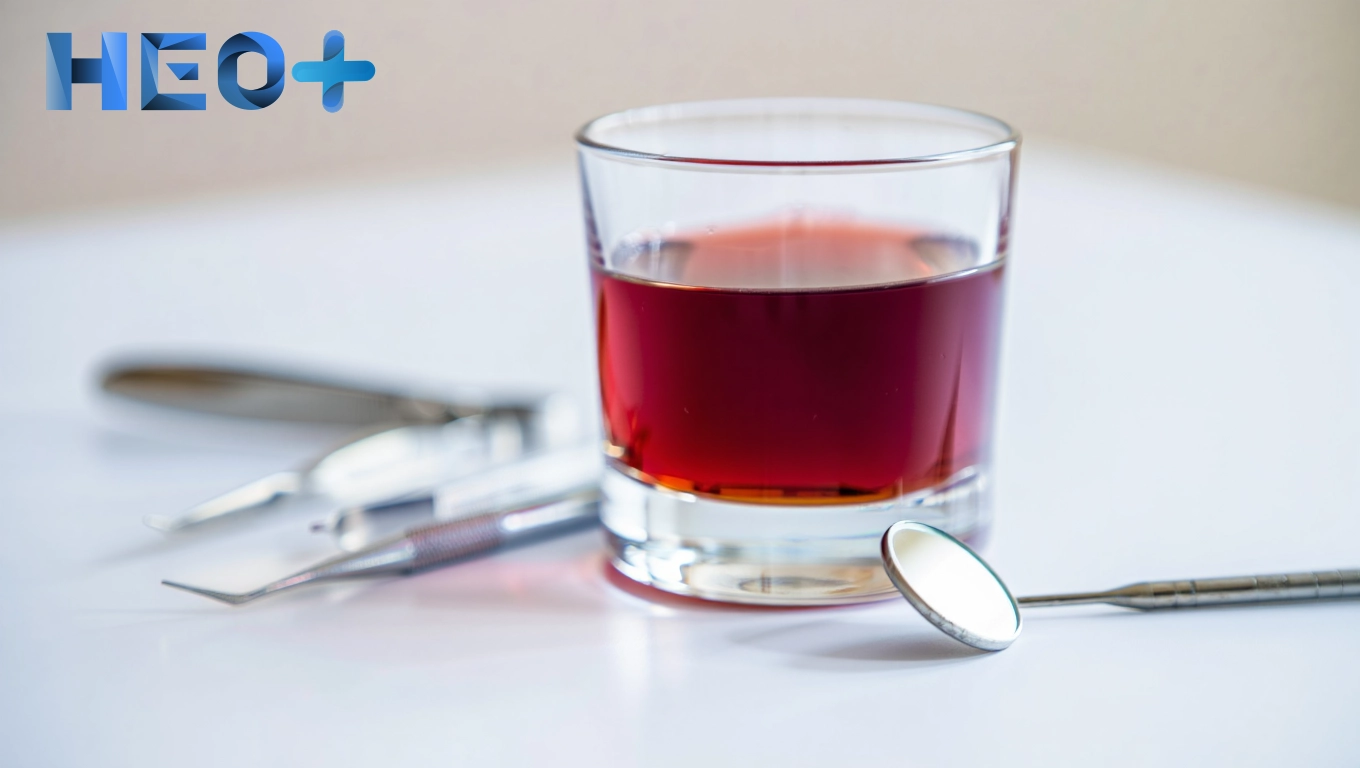 стакан с алкоголем и стоматологические инструменты