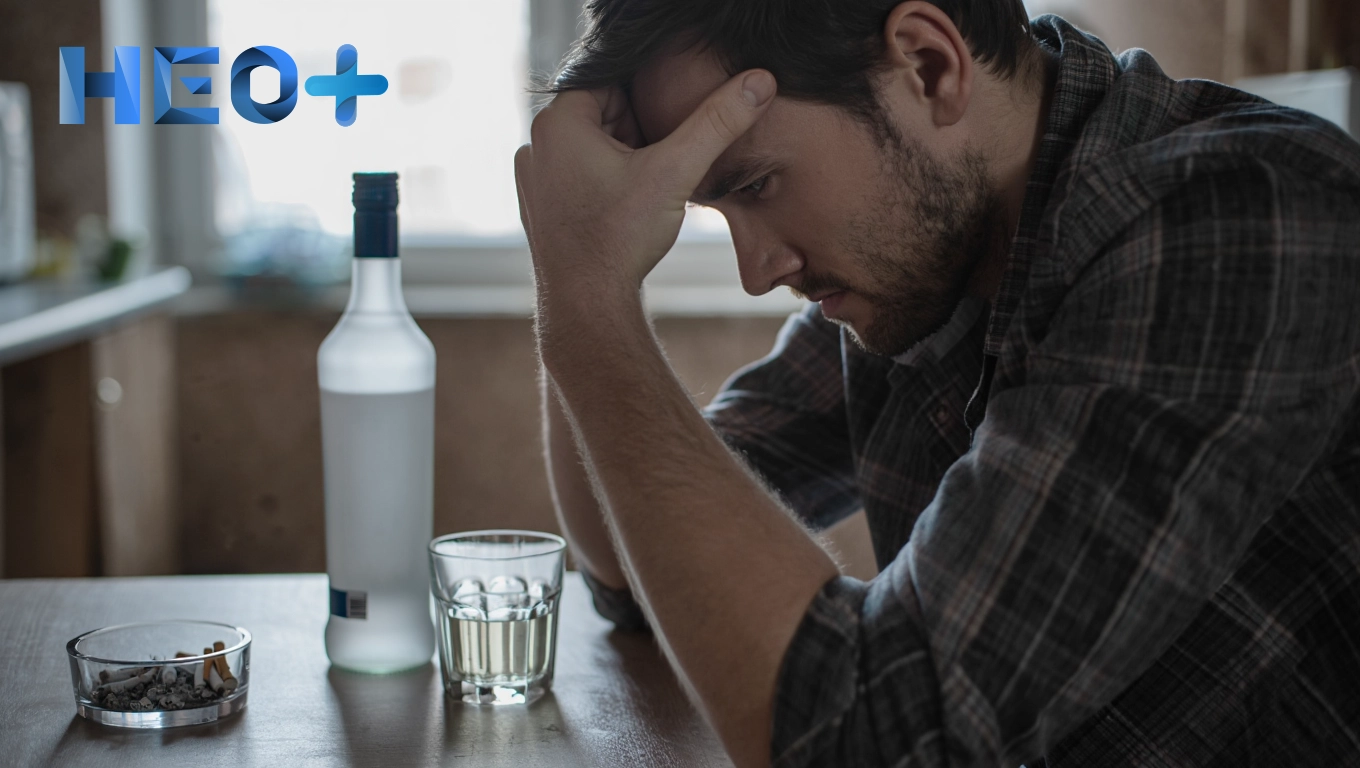 Парень пьет алкоголь за стаканом