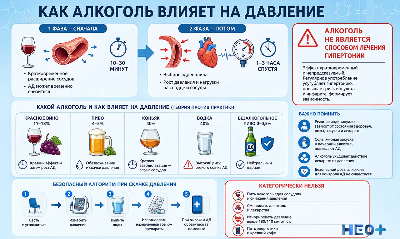 Инфографика о влиянии алкоголя на артериальное давление: кратковременное расширение сосудов, последующий рост давления, сравнение напитков и безопасный алгоритм действий при скачке АД