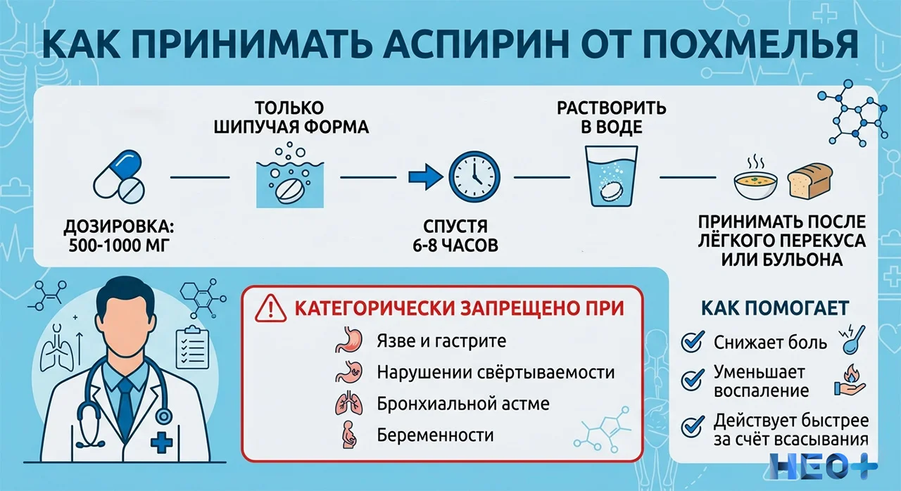 Медицинская инфографика, объясняющая правила приема аспирина от похмелья.