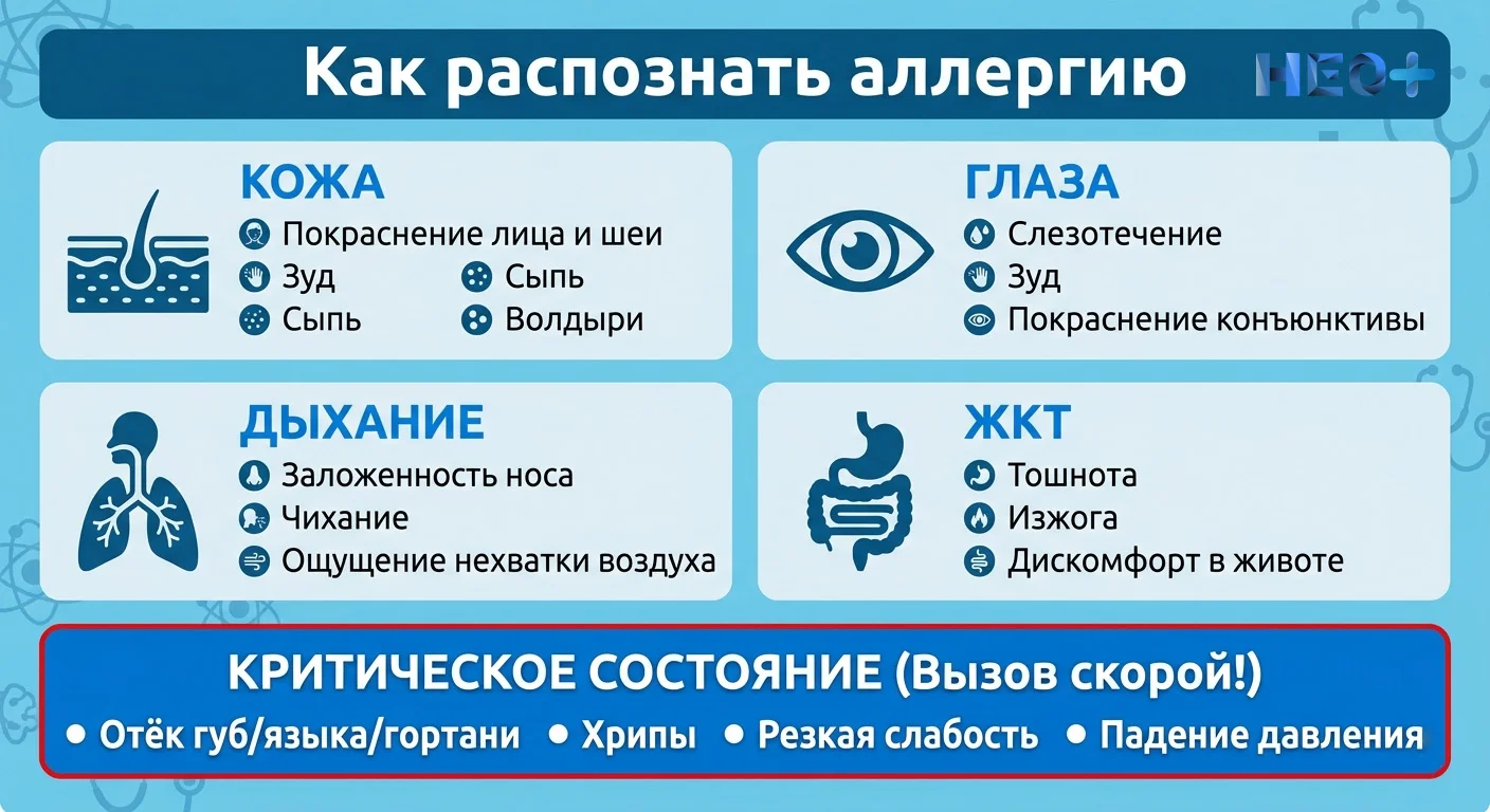 Инфографика «Как распознать аллергию». Основные симптомы