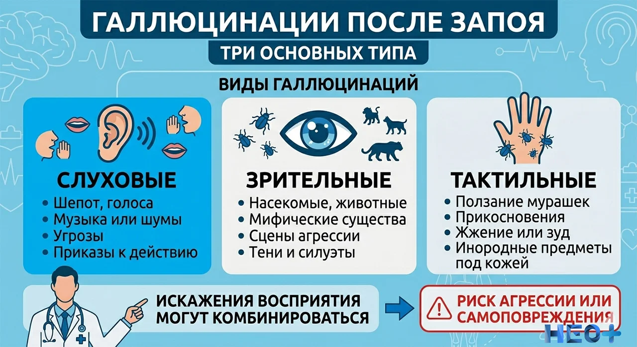 Медицинская инфографика, описывающая три вида галлюцинаций после запоя: слуховые, зрительные и тактильные.