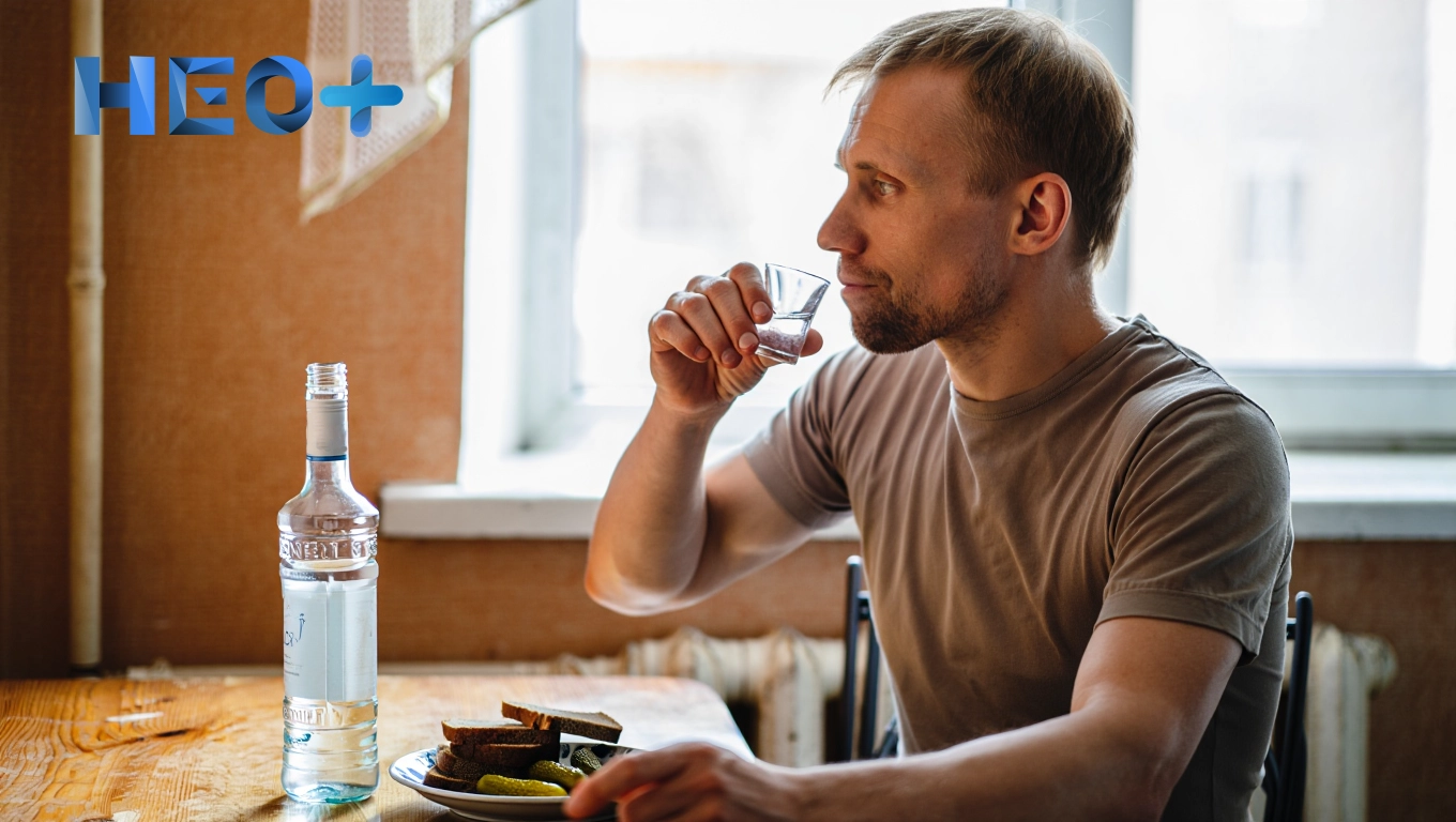 Мужчина сидит за столом с бутылкой водки