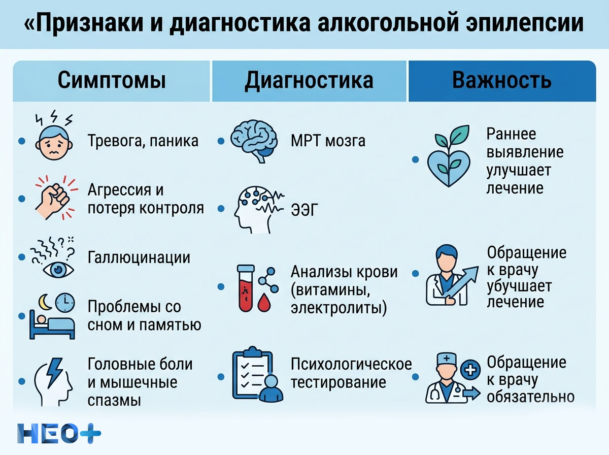 Признаки и диагностика алкогольной эпилепсии инфографика