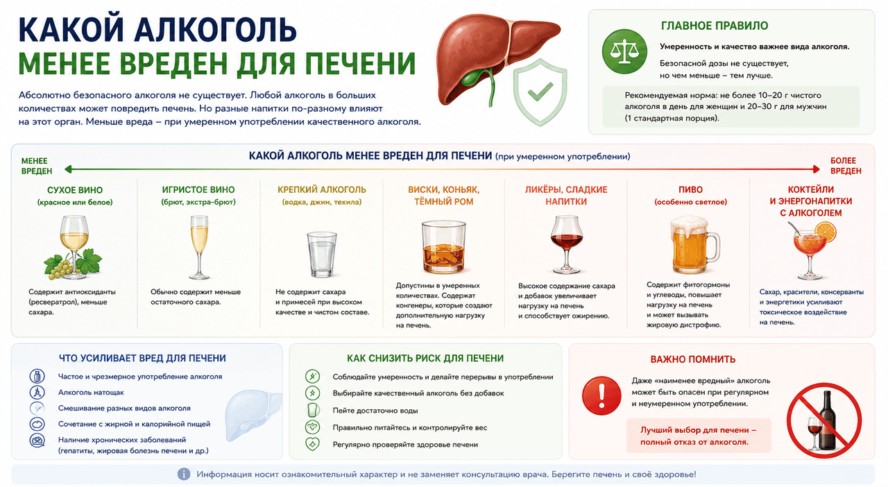 Какой алкоголь менее вреден для печени