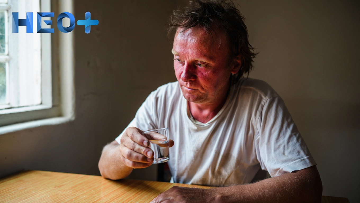 Мужчина с красным лицом пьет водку