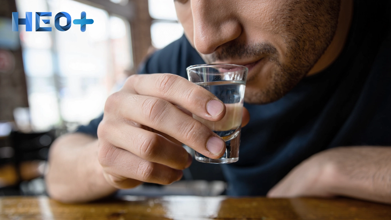 Мужчина сидит за столом и пьет водку из рюмки