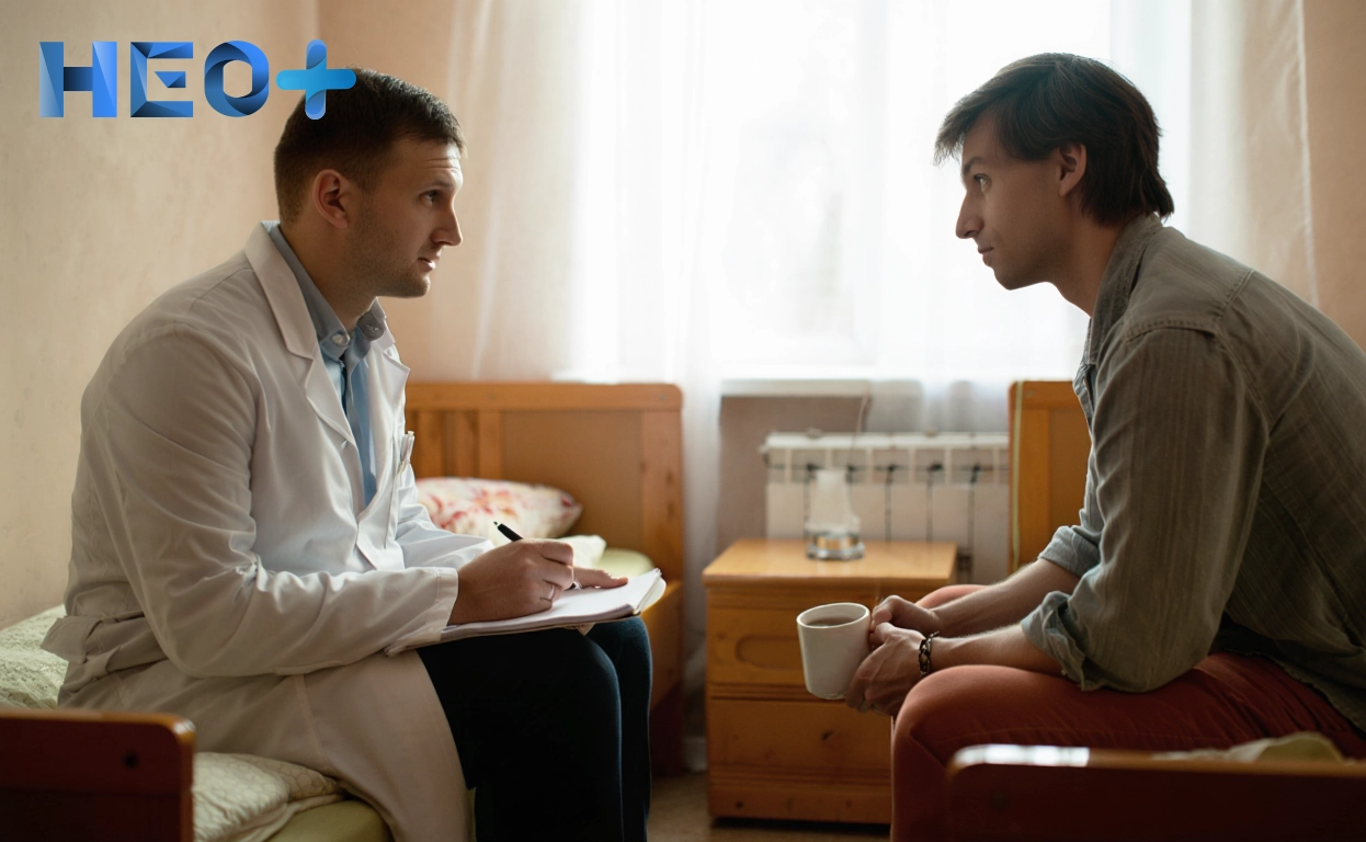 Нарколог беседует с пациентом у него дома