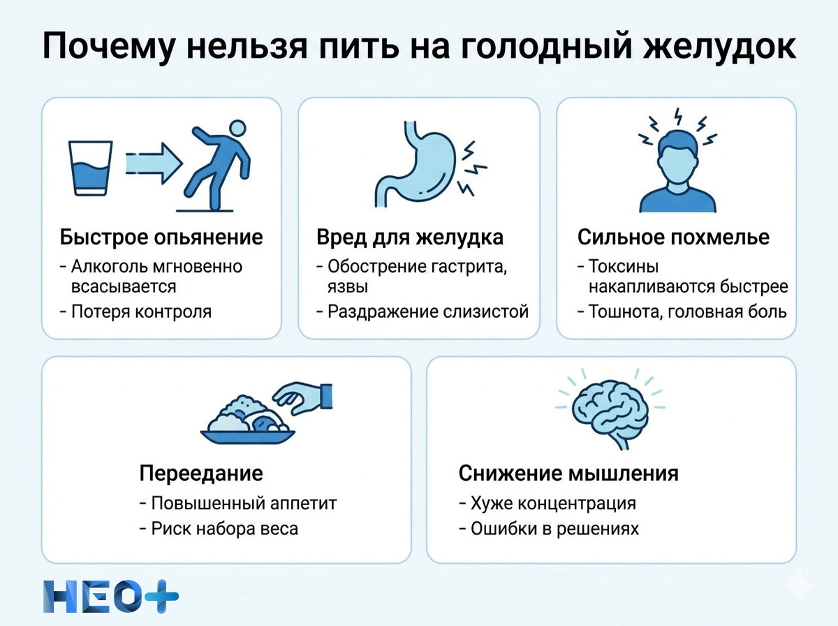 Почему не стоит пить спиртное на голодный желудок инфографика