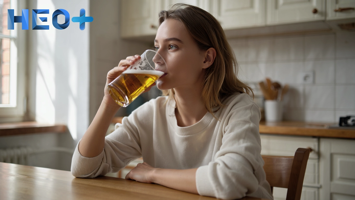 Женщина сидит за столом и пьет пиво