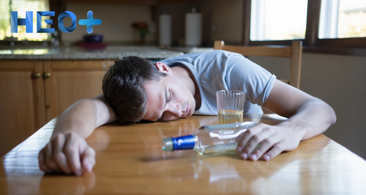 Мужчина сидит за столом с бутылкой алкоголя