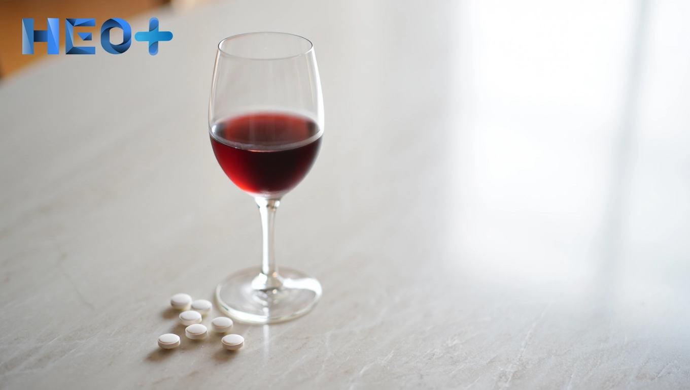 Бокал вина на столе и таблетки