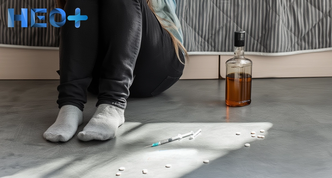 Наркоман сидит на полу с запрещенными вещеставми