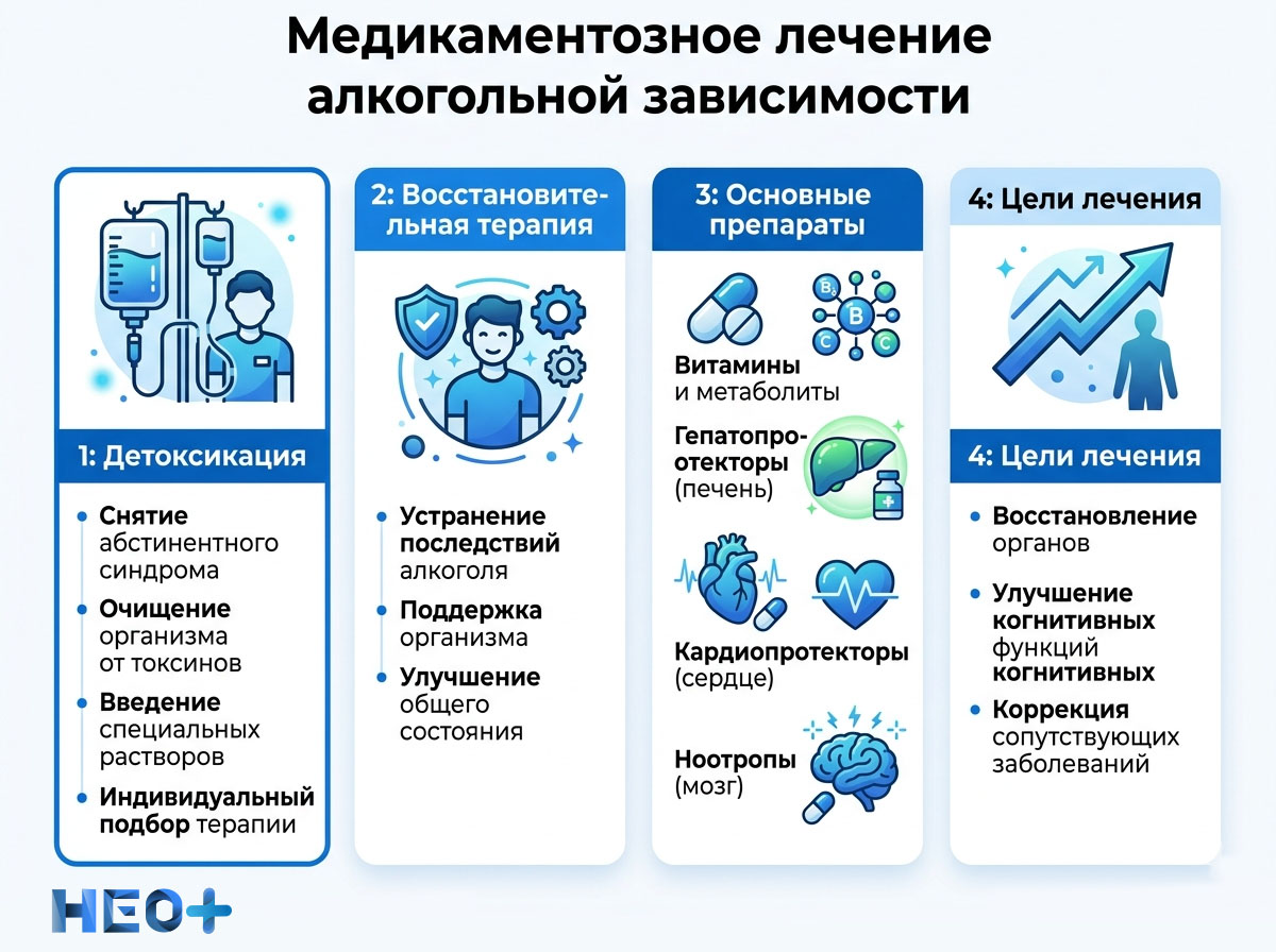 Медикаментозное лечение алкогольной зависимости инфографика