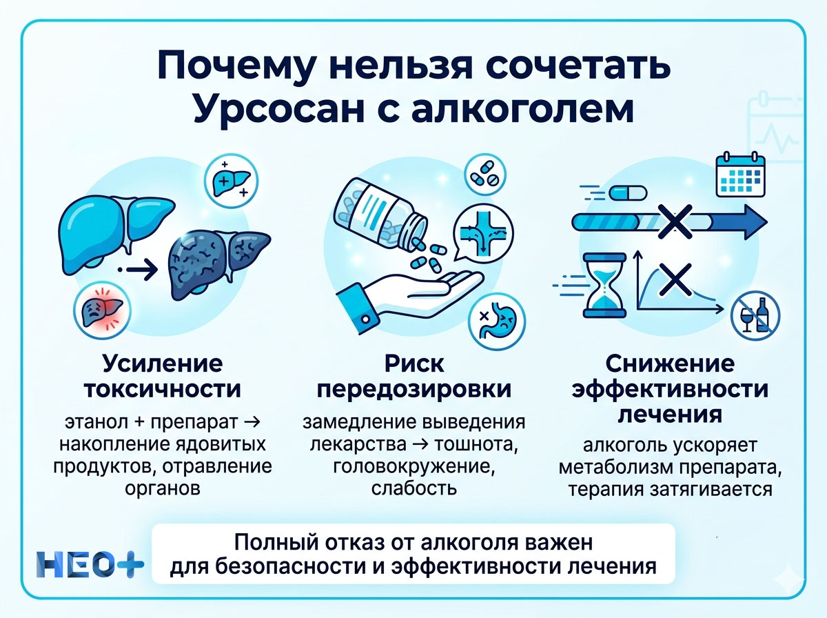 Почему нельзя сочетать урсосан с алкоголем инфографика