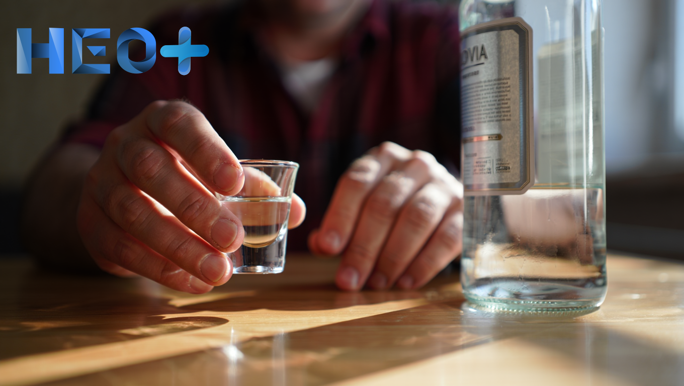 Мужчина сидит за столом с рюмкой водки