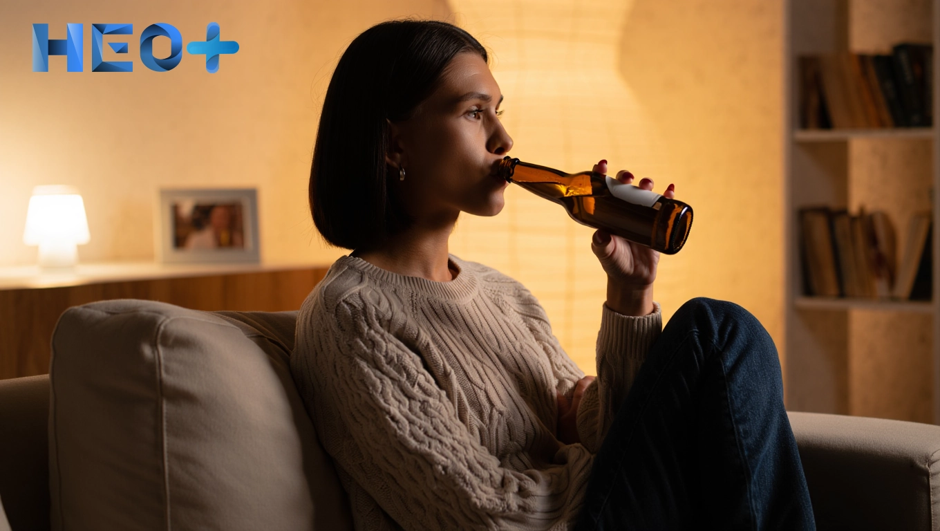 женщина сидит на диване с кружкой пива